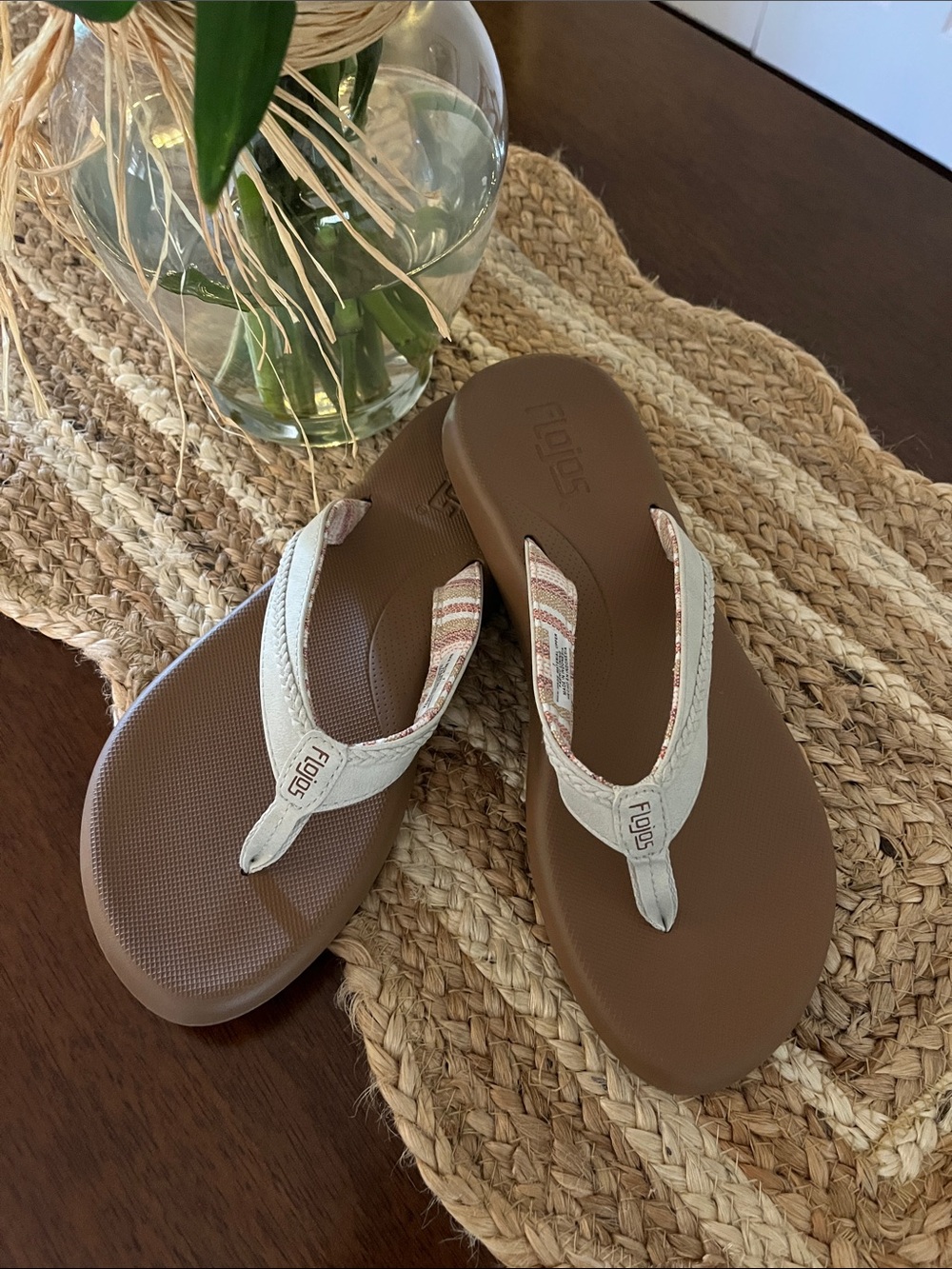 Flojos Brown & Cream Flip Flops with Patterned Straps